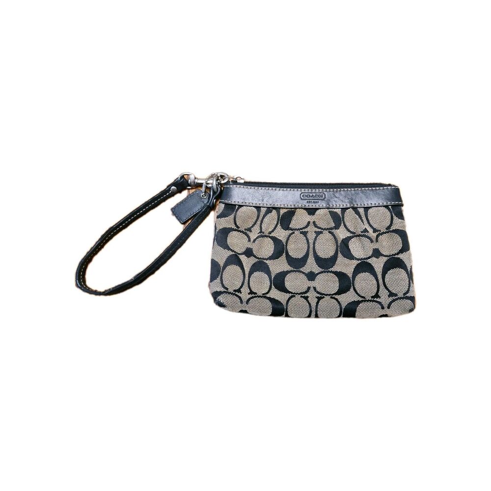 Coach Jacquard Signature C Black Leather Trim Pleated Wristlet Wallet Zip Close